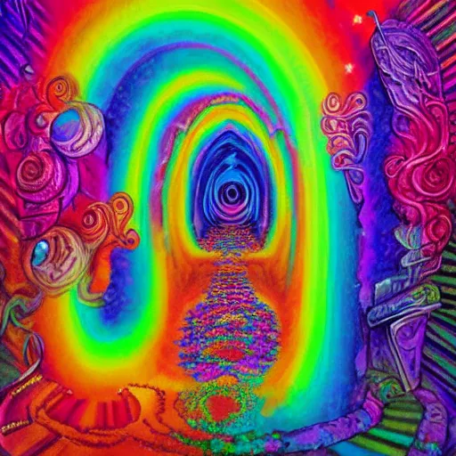 Image similar to entrance to the cosmic labyrinth psychedelic rainbow colors wizard art