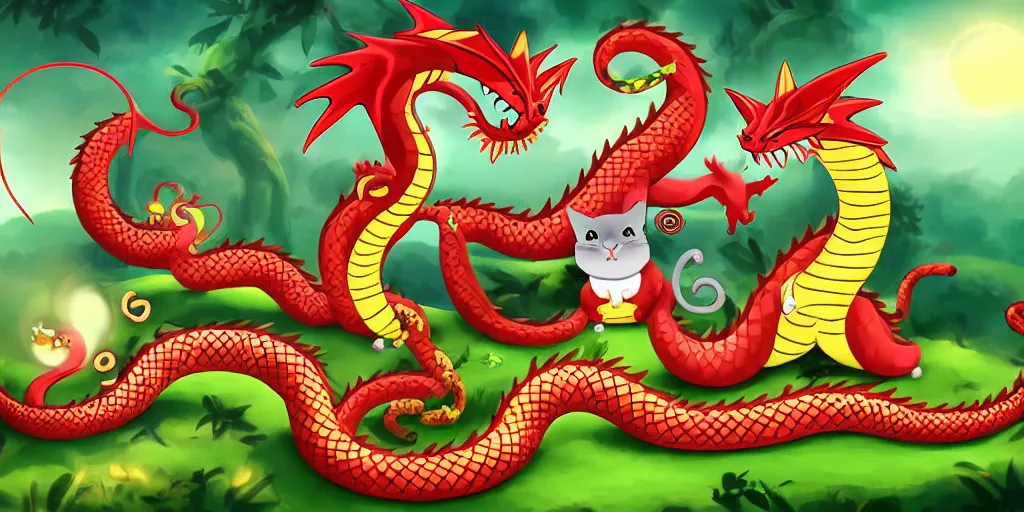 Image similar to cat dragon next to snake sing happily in fantasy forest