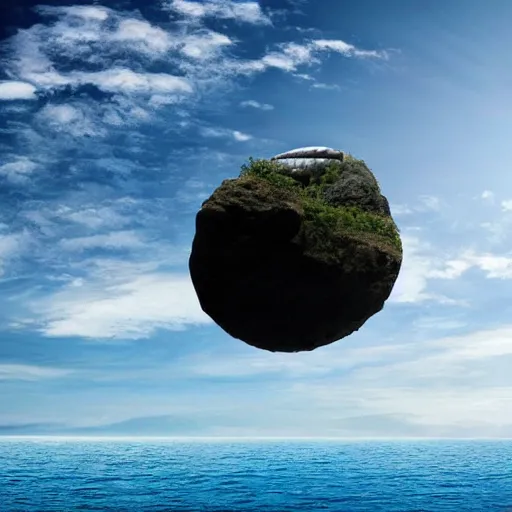 Prompt: a huge inverted conical rock floating in the air above an ocean. Awe inspiring background, fantasy!!!