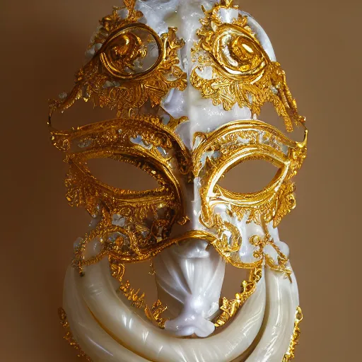 Prompt: photography of a venetian woman mask sculpted in white opalescent marble, with lots of thin golden ornaments, fusing with a luminous background, fractal art, intricate, 8 k, white box, cinematic light, high aperture
