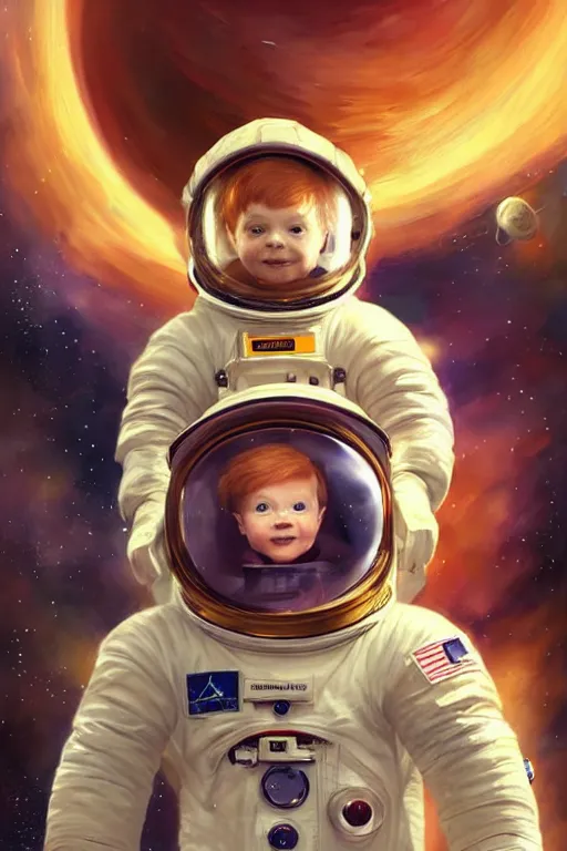 Prompt: a little boy with ginger hair floating in space, surrounded by stars. he is an astronaut, wearing a space suit. clean elegant painting, beautiful detailed face. by raymond swanland and artgerm and greg rutkowski