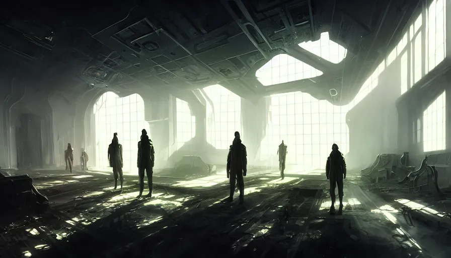 Image similar to high tech nomands exploring abandoned laboratory from the future, scifi, dark scifi, space horror, light, shadows, reflections, steam, epic composition, intricate, elegant, volumetric lighting, digital painting, highly detailed, artstation, sharp focus, illustration, concept art, ruan jia, steve mccurry