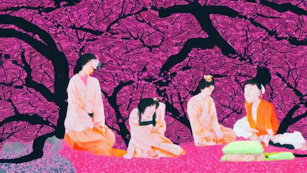 Prompt: close - up of a woman in a small group of people, a flower viewing picnic sakura, japan, a collage painting, in the style of wes anderson, lola dupre, david hockney, isolated on negative white space background dark monochrome neon fluorescent spraypaint accents volumetric octane render