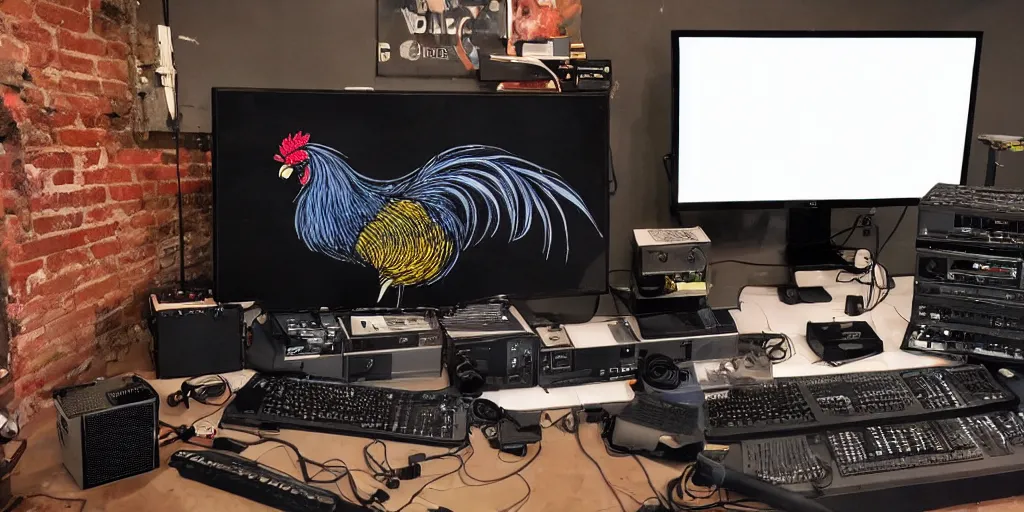 Image similar to 'black rooster'!!! smoking 'cannabis'!!!!!! in front of 'audio console'!!!! and 'pc masterrace RGB custom build'!!!!! 'multi monitors and projectors'!!!! 'in a hi-tech tv broadcasting studio with red camera rig'!!!!, artwork by James Gilleard