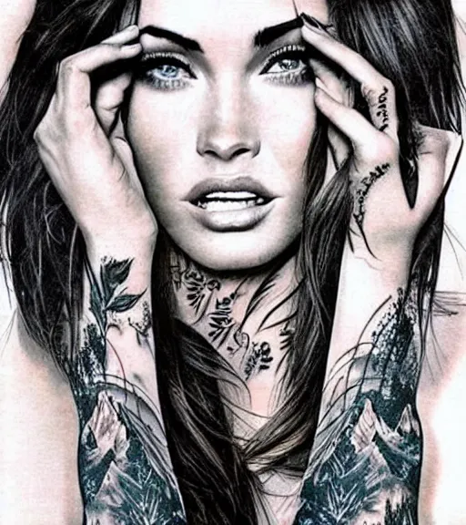 Image similar to double exposure effect tattoo design sketch of megan fox with beautiful mountain scenery, realism tattoo, in the style of matteo pasqualin, amazing detail, sharp