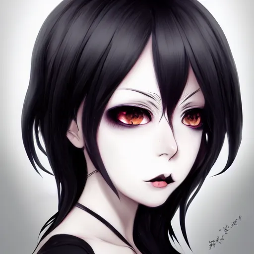 Image similar to front-facing headshot of a young gothic anime woman with black hair and golden highlights, wearing pretty makeup, drawn by WLOP, by Avetetsuya Studios, anime drawing, trending on artstation