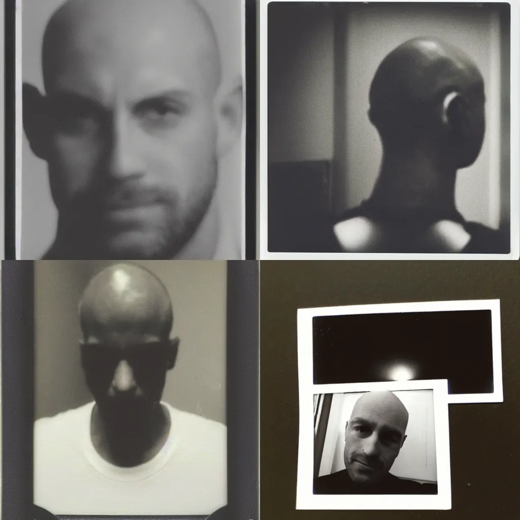 Prompt: picture of a Polaroid photo of the back of a bald man's head