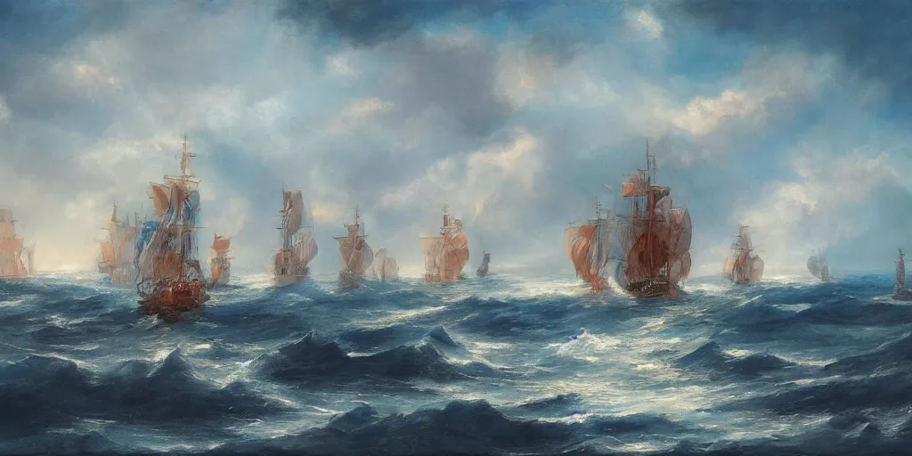 Prompt: fantasy painting of ships sailing towards a vast ocean