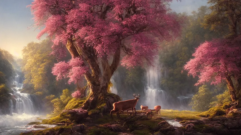 Prompt: the most beautiful panoramic landscape, oil painting, where a giant dreamy waterfall creates a river, the trees around are starting to bloom in pink colors, a majestic deer is in close - up and it is under a giant tree while it is exhaling steam, the ray lights of the sunrise are brightening him, by greg rutkowski