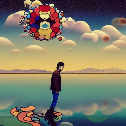 Image similar to a man walking on clouds away from the camera above a lake by takashi murakami, beeple and james jean, aya takano color style, 4 k, super detailed, modern, 4 k, symmetrical