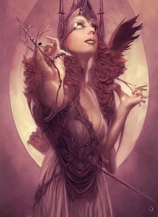 Prompt: tarot!!, fairy queen, fantasy medieval, no noise, elegant, concept art, sharp focus, beautiful face!!, digital art, smooth defined outlines!!, by Brom, trending on Artstation, Tom Bagshaw, Sargent