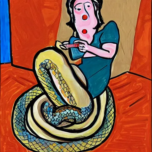 Image similar to A beautiful painting of a snake eating its own tail that seems to go on forever. by Lynda Barry, by Chantal Joffe dreary