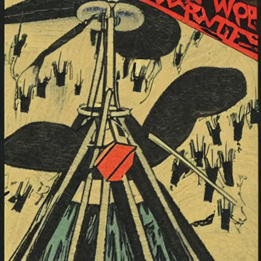 Prompt: war of the worlds radio play poster, late meiji period, colored woodblock