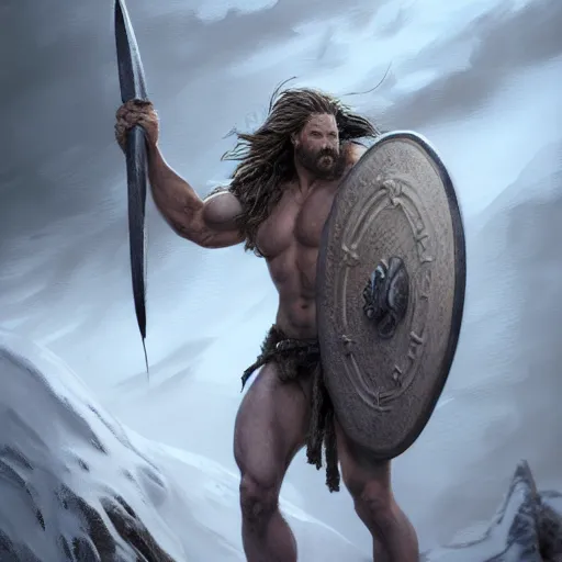 Image similar to cinematic view muscular viking after a battle on the snowy mountains blizzard digital painting, artstation, concept art, soft light, hdri, smooth, sharp focus, illustration, fantasy, intricate, elegant, highly detailed, D&D, matte painting, in the style of Greg Rutkowski and Alphonse Mucha and artemisia, 8k, highly detailed, jurgens, rutkowski, bouguereau, pastoral, rustic, georgic