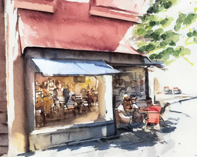 Prompt: a coffee shop watercolor by brad mesina trending on artstation