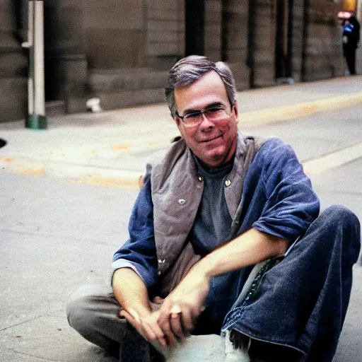 Prompt: Jeb Bush as a homeless man. CineStill