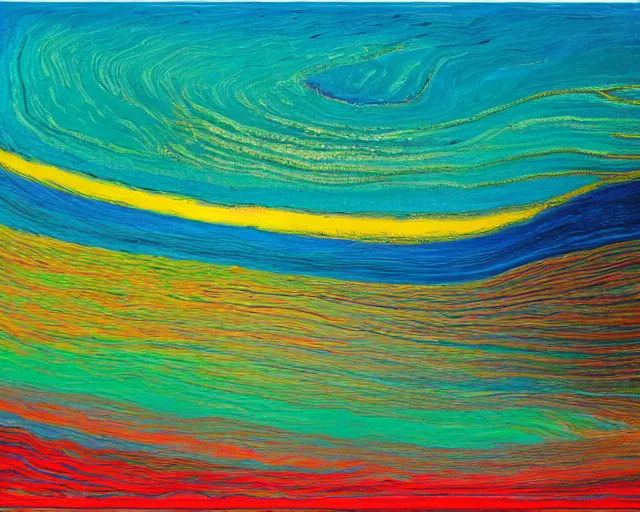 Prompt: Ocean waves in a psychedelic dream world. DMT. Curving rivers. Craggy mountains. Landscape painting by Wayne Thiebaud. David Hockney. Zao Wou-ki. Minimalist.