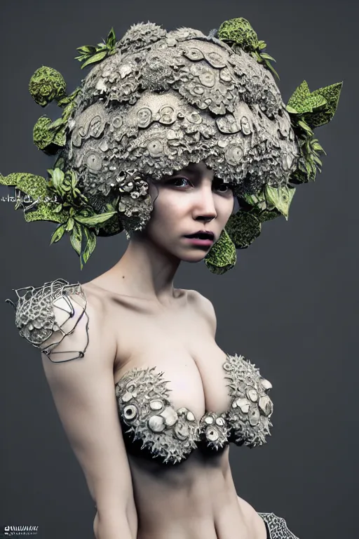 Image similar to complex 3 d render, hyper detailed ultrasharp beautiful biomechanical mandelbrot fractal steampunk filigree mesh wire female cyborg portrait with a porcelain profile face, albino afro, elegant crown with big hydrangea foliage leaves stems roots, alexander mcqueen haute couture, art nouveau fashion, octane render, 8 k