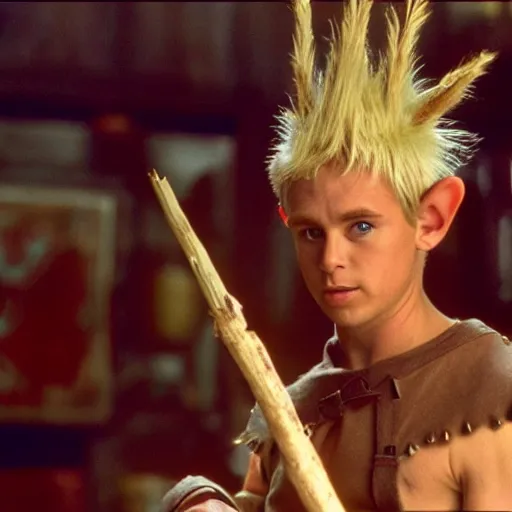 Prompt: a fantasy elf with spiky blonde hair wearing tan overalls and holding a stick of dynamite, high resolution film still, movie by Peter jackson