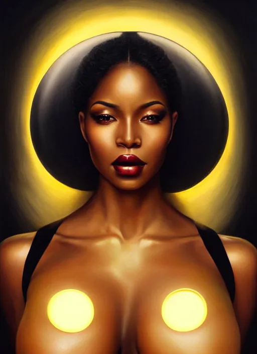 Image similar to a gorgeous black woman oil painting, soft lighting, wearing shiny gold catsuit, illuminated only by floating, glowing alien symbols, realistic, smooth face, perfect eyes, wide angle, sharp focus on eyes, 8 k high definition, insanely detailed, intricate, elegant, art by artgerm, livia prima and wlop