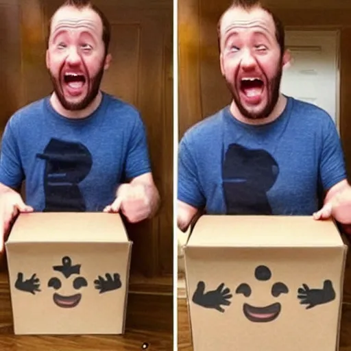 Prompt: man's hilarious reaction to placing hand in funny box