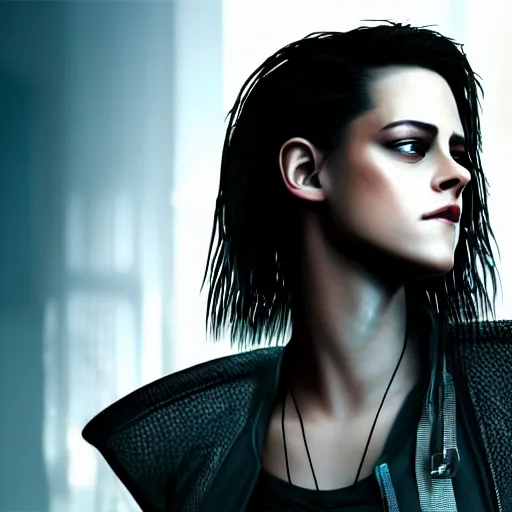 Prompt: kristen stewart portrait, Cyberpunk 2077, photorealistic, ultra detailed, cybernetic head, neon, octane, bokeh, cyber, cyber style, feature, scars, cyberface, 8k