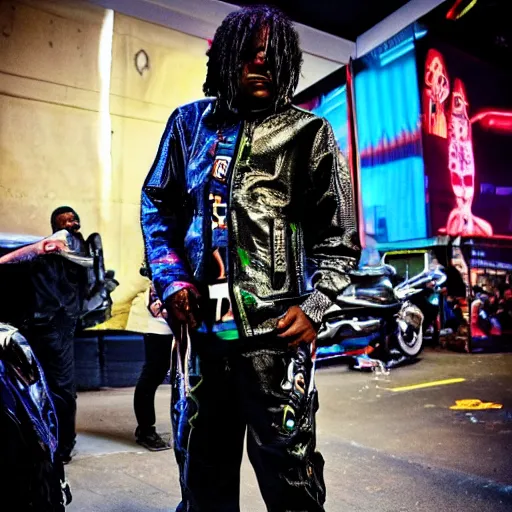 Image similar to chief keef wearing a cyberpunk outfit
