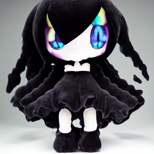 Prompt: cute fumo plush of a pure vantablack arachnid girl with a white glowing heart, lens flare, gothic regal, vray, sparks and liquid fire