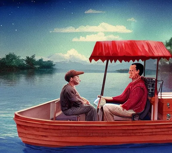 Image similar to Tom hanks as forrest gump sitting in a giant shrimp boat, majestic beautiful world, digital art, amazing detail, artstation, in the style of maurice sendak