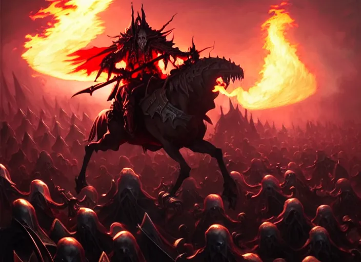 Image similar to ainz ooal gown leading his undead army to battle riding a flaming horse, undead soldiers in background, highly detailed, deep focus, elegant, artstation, digital painting, smooth, sharp focus, illustration, ultra realistic, 8 k, art by artgerm and greg rutkowski and alphonse mucha