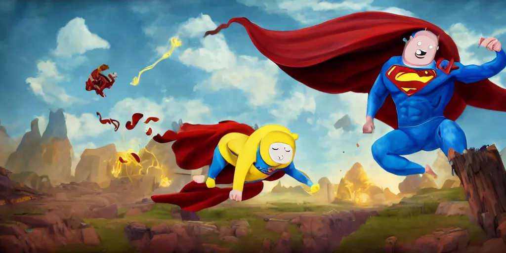 Prompt: Epic painting of Jake from adventure time fighting superman while eating bacon pancakes, by senior character artist, volumetric lighting, concept art, digital painting 8k