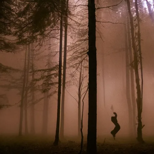 Prompt: a smudged, scratched, grainy and blurry photograph showing the whole body of a human creature dynamically and frenetically dancing in the dark forest. it's a wild and unpredictable dance. in the foggy woods, night time, flash lights