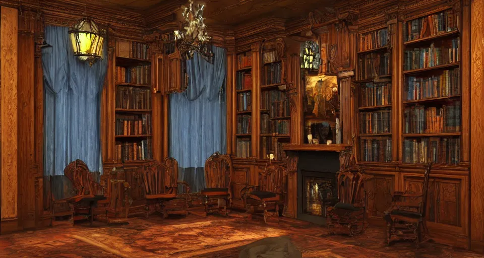 Prompt: Dark victorian hall with two chairs and fireplace. Stained-glass above, bookshelves, by Anne Stokes. artstation, blue lighting.