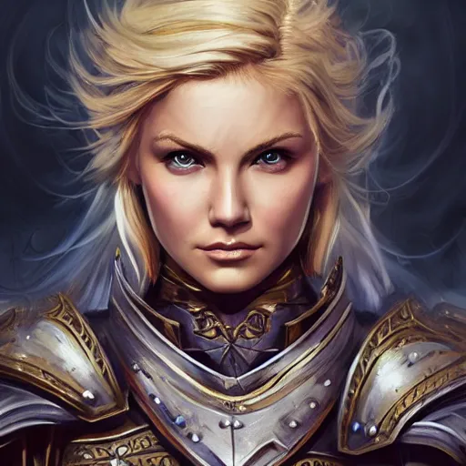 Prompt: head-on centered symmetrical painted portrait, Elisha Cuthbert as a paladin, blonde hair, Squire RPG armour, dramatic lighting, intricate, fantasy, intricate, elegant, highly detailed, digital painting, smooth, sharp focus, illustration, dramatic lighting, artstation, in the style of Artgerm and Anna Podedworna
