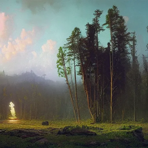 Prompt: Visions of the Past: Landscapes by Simon Stålenhag and Albert Bierstadt, oil on canvas