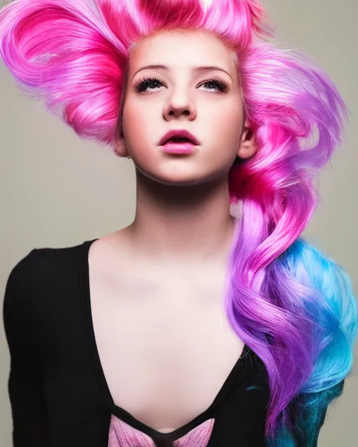Image similar to a backlight dramatic lighting photo of a beautiful young woman with cotton candy hair. with a little bit of cyan and pink