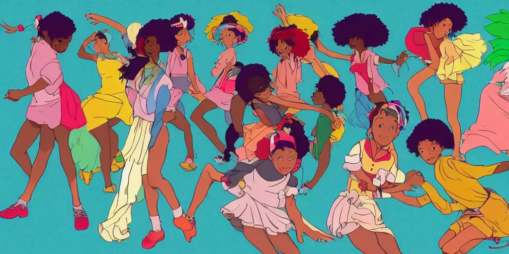 Image similar to colourful, beautiful black girls dancing ,in the style of studio Ghibli,