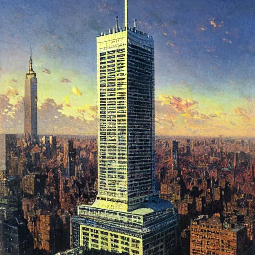 Prompt: the un building in new york, cold war, 6 0 s, hyperrealism, no blur, 4 k resolution, ultra detailed, style of john berkey, norman rockwell, hans thoma, ivan shishkin, tyler edlin, thomas kinkade