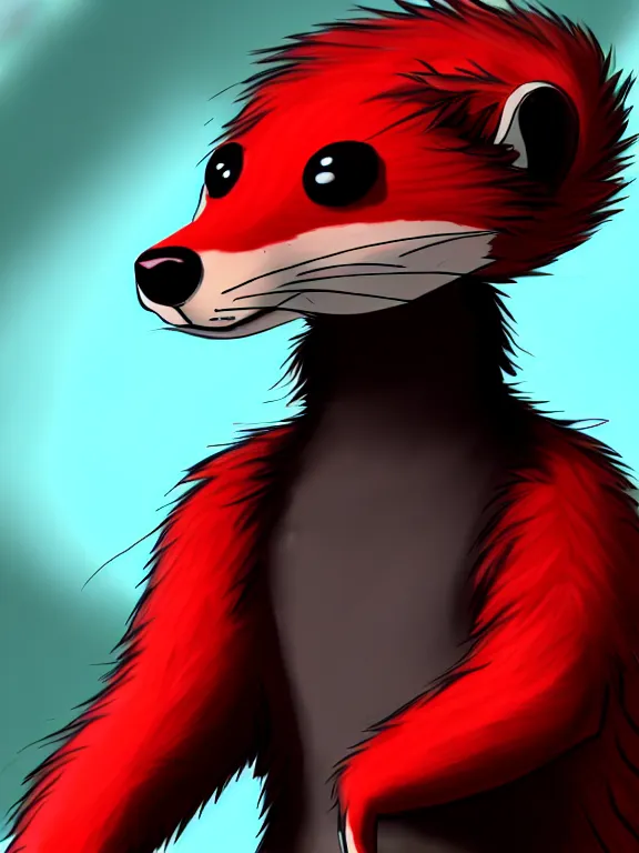 Image similar to furry - male - red - black - weasel - chaos theorist - fursona, uhd, ue 5, trending on weasyl