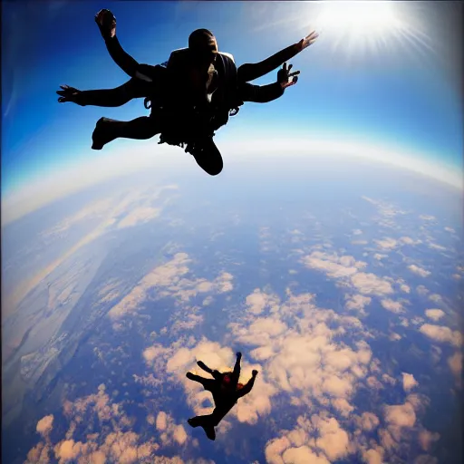 Prompt: drama photo of a man in a buisness suit skydiving, from the view of someone on the ground, beautiful dramatic clouds illuminated by the sun in the style of craig mullins