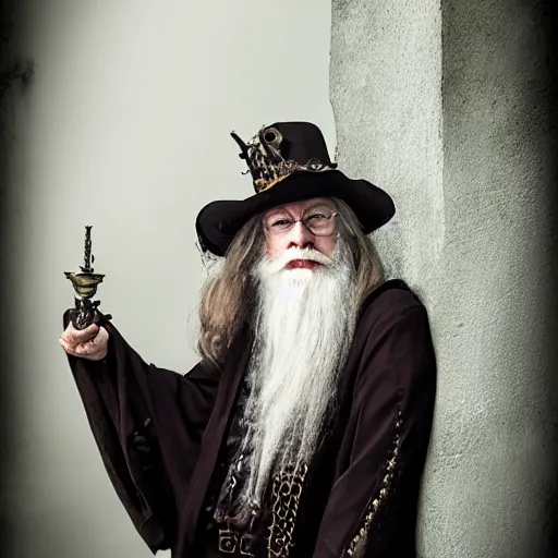 Image similar to steampunk dumbledore, professional portrait photography