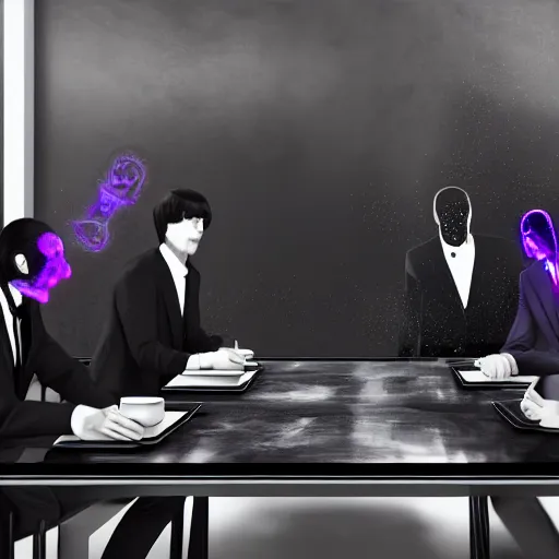 Image similar to HD render of shadow figures in suits sitting around a table in an occultic lair scheming and plotting, Ultra realistic digital art painting trending on artstation, photo realistic, black and purple colour scheme