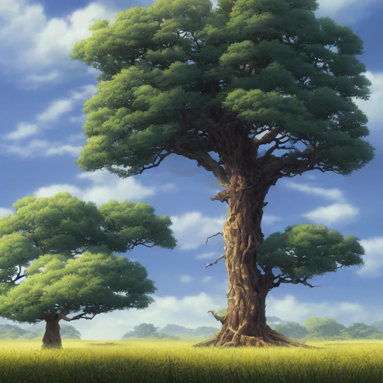 Prompt: a giant tree in a field with a sky background, a detailed matte painting by kaii higashiyama, cgsociety, sosaku - hanga, matte painting, anime, concept art