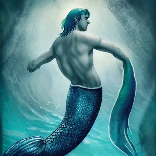 Prompt: male merlock holmes mermaid with a big mermaid tail sitting at the bottom of the sea under water in the style of romanticism