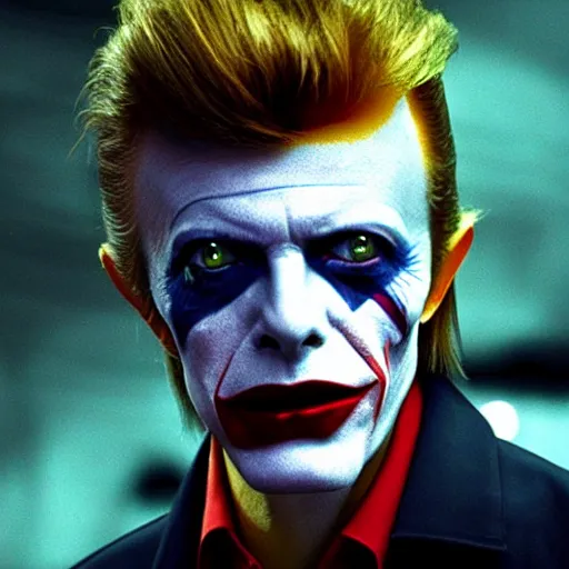 Image similar to awe inspiring David Bowie pkaying The Joker 8k hdr movie still dynamic lighting