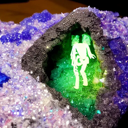 Image similar to photorealistic tiny dinosaur skeleton inside a geode of colored crystals