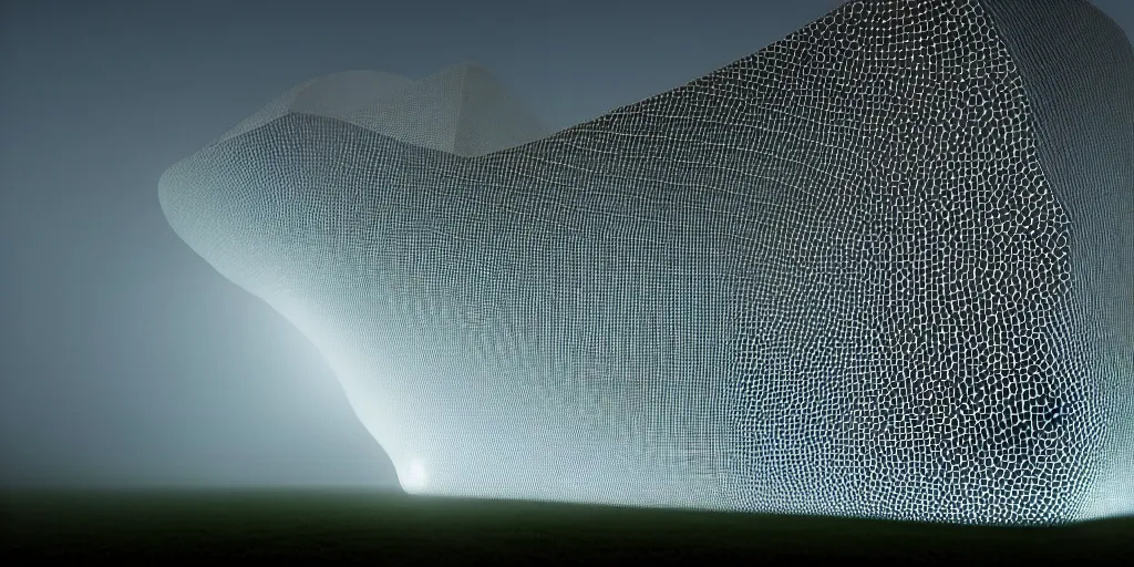 Prompt: white honeycomb organic illuminated building with warm illumination inside by kendall buster sits on the field evening atmosphere in low fog, 4 k, insanely quality, highly detailed, film still from the movie directed by denis villeneuve with art direction by zdzisław beksinski, telephoto lens, shallow depth of field