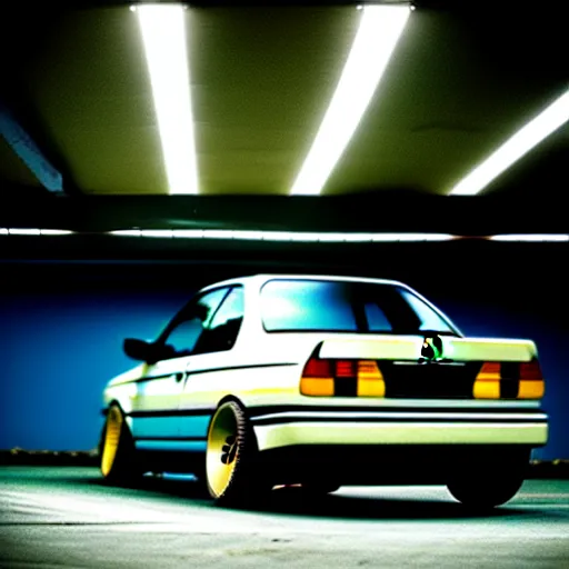 Image similar to a modified bmw e 3 0 with lights on in a futuristic neon parking garage, 3 5 mm photography, car photography, clean lines, realistic