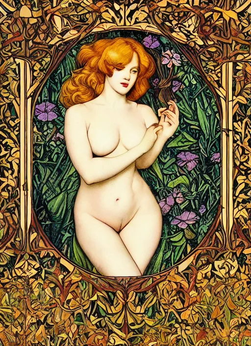 Prompt: masterpiece beautiful seductive flowing curves pinup pose preraphaelite portrait photography, closeup shot, straight bangs, thick set features, yellow ochre ornate medieval dress, amongst foliage mushroom forest arch, circle, william morris and kilian eng and mucha, framed, 4 k