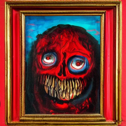 Prompt: a horrific painting in a bright red frame